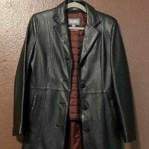 WILSONS LEATHER Black Button-Front Coat with Burgundy Lining